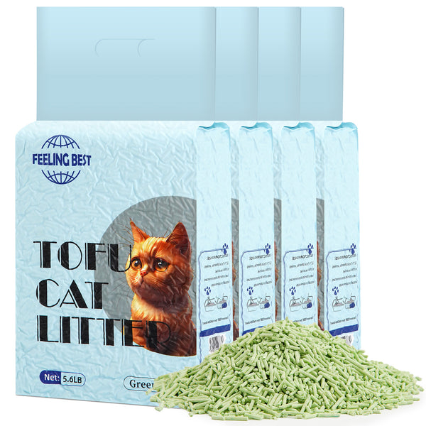 Tofu Cat Litter 22.4 LB (5.6 lb×4 bag Green Tea) Clumping, 100% Natural Raw Materials, Clumping,Flush able,Ultra Absorbent and Fast Drying,Solubility in Water,Really Dust-Free,Less Scattering